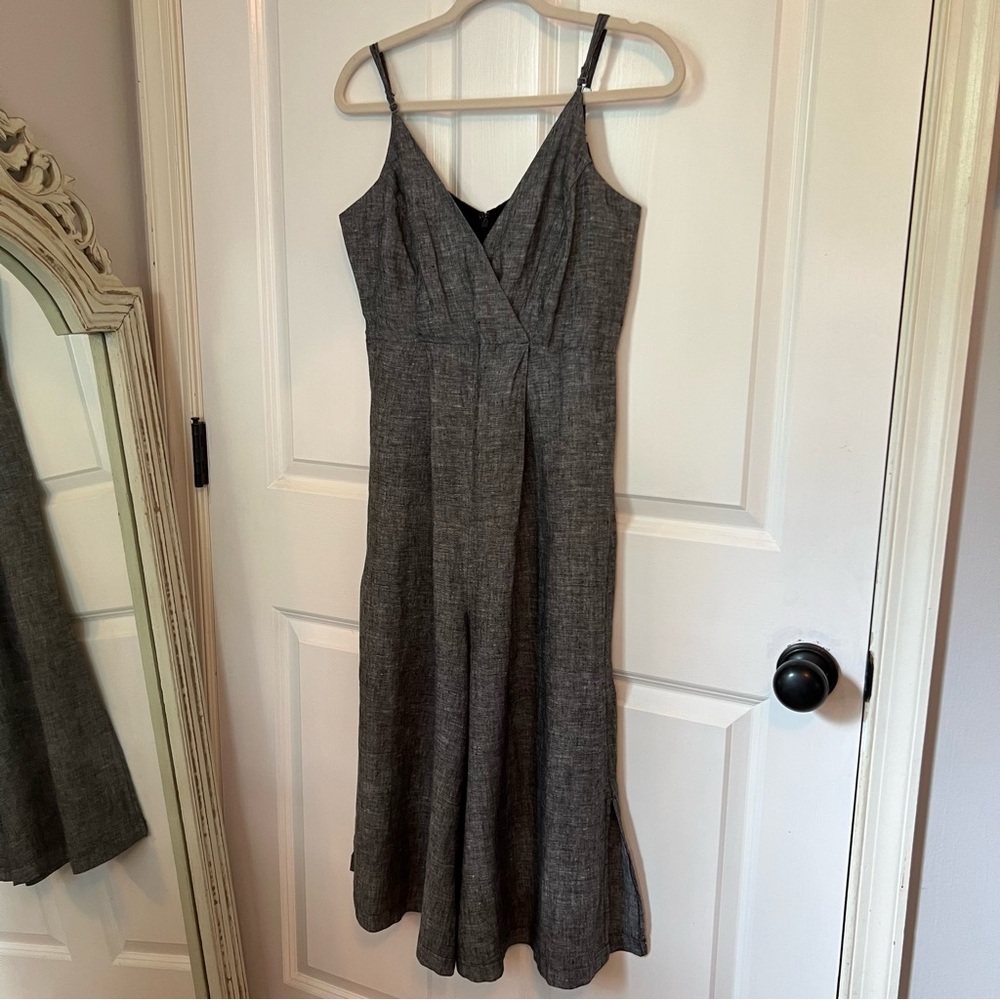 Tahari 100% Linen Black Gray Sleeveless Midi Romper Jumpsuit Size 4